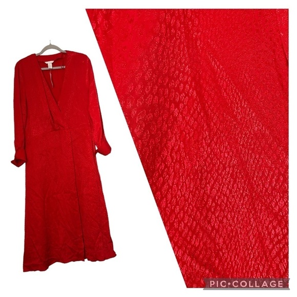 H&M Dress Red Satin Sheen Animal Print Long Sleeve FrenchCuff Faux Wrap Size 10 - Picture 1 of 12